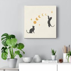 cat square canvas, cat and moon, canvas print, cat wall art canvas, canvas with cats on it