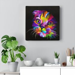 cat square canvas, painted rainbow cat, cat wall art canvas, cats canvas print, canvas with cats on it