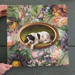 dog square canvas, a small joke with a dog, cute puupy sliping on the floral, canvas print, dog wall art canvas