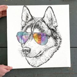 dog square canvas, husky dog graphic art print, husky in glasses -canvas print, dog wall art canvas