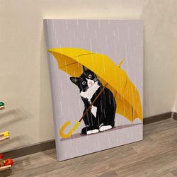 portrait canvas, canvas wall art, cat hiding rains under umbrella, poster canvas prints, cat wall art canvas