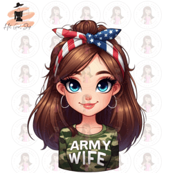 Cartoon Girl Army Wife Brown Hair Blue Eyes PNG Sublimation Digital Design Download DTF Print