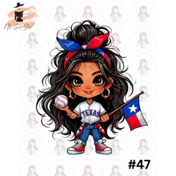Cartoon Girl Baseball Fan Rangers Black Hair Brown Eyes PNG Sublimation Digital Design Download DTF Print