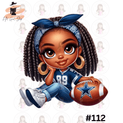 Cartoon Girl Football Fan Cowboys African American Black Hair Brown Eyes PNG Sublimation Digital Design Download DTF Pri