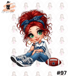 Cartoon Girl Football Fan Cowboys Red Hair Green Eyes PNG Sublimation Digital Design Download DTF Print