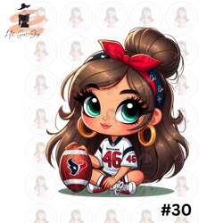 Cartoon Girl Football Fan Texans Brown Hair Green Eyes PNG Sublimation Digital Design Download DTF Print
