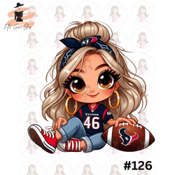 Cartoon Girl Football Fan Texans Messy Bun Blonde Hair Brown Eyes PNG Sublimation Digital Design Download DTF Print
