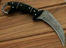 Full Tang Hand Forged Damascus Steel Karambit Knife W/ Buffalo's Horn Handle
