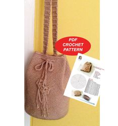 Crochet Gold Drawstring Bag PDF Pattern, 11 cm. dia, 17 cm.tall, 80 cm strap,