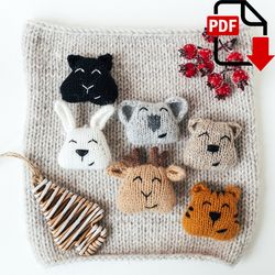 Funny muzzles Christmas tree decor set knitting pattern. Fur tree decorations. Knitted miniature. DIY new year ornaments