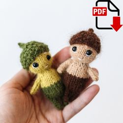 Tiny Oak Man knitting pattern. Knitted amigurumi Acorn Fairy miniature step by step tutorial. DIY pocket toy.