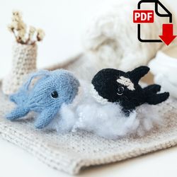 Little whale knitting pattern. Knitted amigurumi orca whale step by step tutorial. DIY New Year knitted gift.