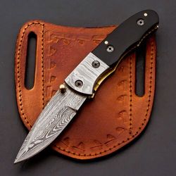 Custom Handmade Damascus Folding Knife Pocket knife w/ Leather EDC Gift for him