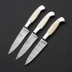 Set of 3 Kitchen Chef's Knives Lot of 3 Chef knife, Damascus Steel & Bone Handle