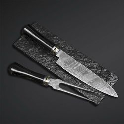 Handmade High Damascus Steel Chef Carving Knife and Fork with Bull Horn Handel.
