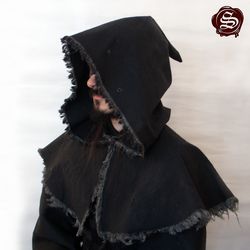 Medieval hood / black cotton hood / alchemist cape / wizard cape / fantasy headwear / halloween hood / witcher