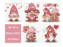 Cross Stitch Pattern Valentine Gnome Embroidery Set of 5 Digital Patterns Love Gnomes Funny Cross Stitch Pattern Gnomes