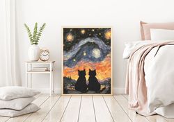 Starry Night Style Cross Stitch Pattern, Van Gogh Cross stitch Art, Cross Stitch Cat, Famous Painting Embroidery, Count