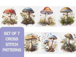 Mushroom Cross Stitch Patterns Set Of 7 Count Cross Stitch Forest Embroidery Pattern Easy Cross Stitch Funny Cross Stitc