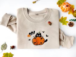 Embroidered Black Cat and Pumpkin Sweatshirt,,Cute Halloween Apparel, Embroidered Cat Crewneck,Autumn Crewneck,Pumpkin F