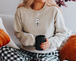 Embroidered Ghost Coffee Halloween Sweatshirt  Little Ghost Coffee Crewneck  Embroidered Sweatshirt  Oversized Fall Swea