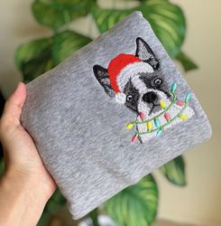 Embroidered Christmas Dog Sweatshirt Boston Terrier Dog Christmas Sweater Women Christmas Sweatshirt Christmas Crewneck