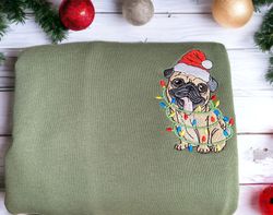 Embroidered Christmas Dog Sweatshirt Pug Santa Dog Christmas Sweatshirt Women Christmas Sweater Crewneck Winter Sweatshi