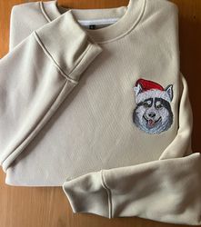 Embroidered Christmas Dog Sweatshirt Siberian Husky Santa Dog Christmas Sweatshirt Women Christmas Sweatshirt Crewneck U