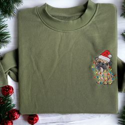Embroidered Pug Santa Dog Christmas Sweatshirt Christmas Dog Sweatshirt Women Christmas Sweater Crewneck Winter Sweatshi