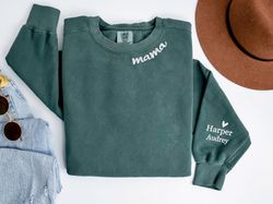 Custom Mama Comfort Colors Sweatshirt With Kid Name on Sleeve, Mama Embroidered Sweatshirt, Mama Neckline Embroidery,Spe