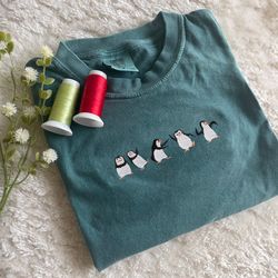 Comfort Colors Penguin Sweatshirt, Embroidered Animal Tshirt, Cute Penguins Crewneck, Christmas Gift for Penguin Lovers