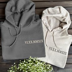 Custom Date and Initial Embroidered Sweatshirt, Roman Numeral Hoodie, Engagement Gifts for Her