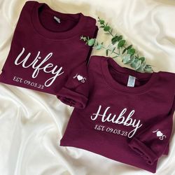 Custom Wifey Hubby EMBROIDERED Sweatshirts, Mrs Sweatshirt, Bride Sweatshirt, Honeymoon Hoodie, Engagement Gift for Husb