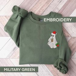 Embroidered Christmas Ghost Sweatshirt, Ghost With Coffee and Present Sweatshirt, Funny Embroidery Crewneck, Gift For Co