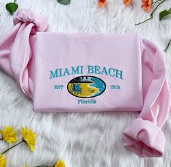 Embroidered Miami Beach Sweatshirt, Florida Embroidered Hoodie, Embroidered Miami, Embroidered State Crew Neck Sweatshir