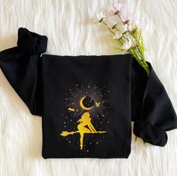 Witch With Moon Embroidered Sweatshirt , Woman on a Broomstick Embroidered Hoodie, Moon Sweater, Crew Neck Sweatshirt, G