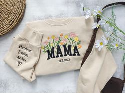 Custom Mama Embroidered Floral Sweatshirt,Custom Mama Crewneck With Kids Names, Heart On Sleeve, Gift For New Mom, Mothe