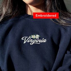 Virginia Vintage Sweatshirt, Retro Flower Crewneck Embroidered