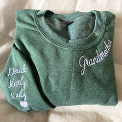 Custom Grandmother Sweatshirt with Grandkids Name, Embroidered Grandma Hoodie, Mama Neckline Crewneck, Mothers Day Gifts