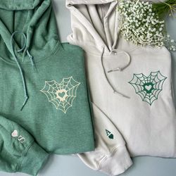 EMBROIDERED Heart Spider Hoodie, Matching Valentines Day Embroidered Crewneck, Couples Shirt, Valentines Gifts for Girlf