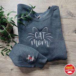 Mama Embroidered Sweatshirt, Custom Cat Mom Embroidered Sweatshirt with Kids Names On Sleeve, Gift for Her, Gifts for Mo