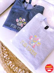 Mama Embroidered Sweatshirt, Custom Floral Fur Mama Embroidered with Name Heart on Sleeve, Mothers Day Gift Personalized