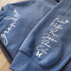 Personalized Embroidered Neck Grandma and Sleeve Embroidered Sweatshirt, Embroidered Grandma Crewneck, Grandmother Sweat