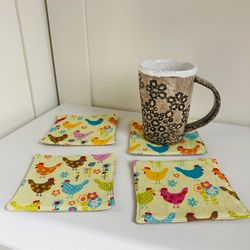 Coasters with Chickens Set of 4 Linen-cotton coasters 4.5'' x 4.5''