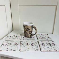 Coasters with Hedgehogs Set of 6 Linen-cotton coasters 4.5'' x 4.5''