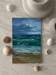 The original oil painting. "Winter Sea". A miniature. Marine painting Seascape. Stormy ocean painting