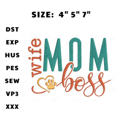 Wife Mom Boss Embroidery Files, Mother Day Machine Embroidery Designs, Vintage Mom Embroidery Designs, Retro Mama Files