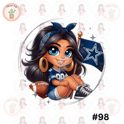 Cartoon Girl Football Fan Cowboys Black Hair Blue Eyes PNG Sublimation Digital Design Download DTF Print