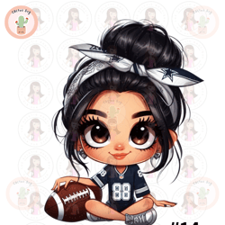Cartoon Girl Football Fan Cowboys Black Hair Brown Eyes PNG Sublimation Digital Design Download DTF Print