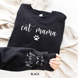 Custom Cat Mama Sweatshirt with Pet Name on Sleeve, Cat Mom Sweater, Personalized Cat Paw, Mothers Day Gift, Gift for Ca